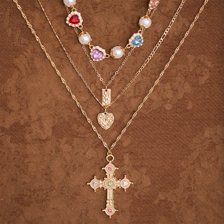 FREE Today: Vintage Layered Jeweled Cross & Pearl Heart Chain Necklace: Emblem of Timeless Heavenly Mercy - image 1