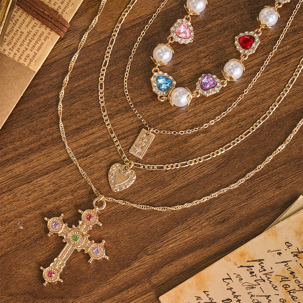 FREE Today: Vintage Layered Jeweled Cross & Pearl Heart Chain Necklace: Emblem of Timeless Heavenly Mercy - image 2
