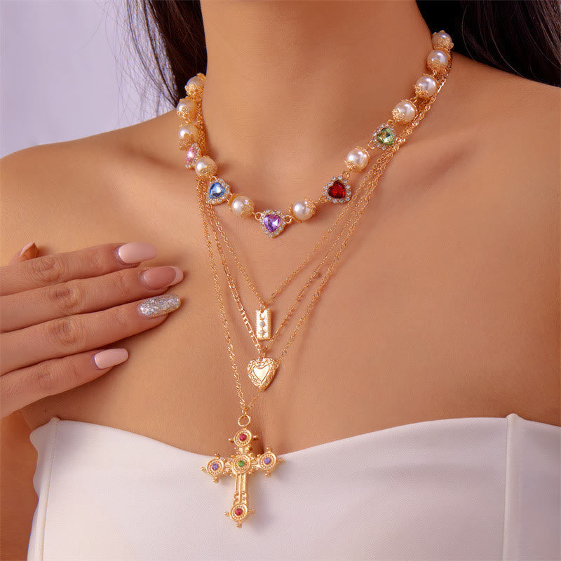 Christianartworkshop Vintage Layered Jeweled Cross & Pearl Heart Chain Necklace: Emblem of Timeless Heavenly Mercy - Golden - image 0