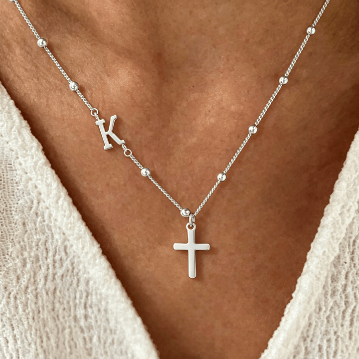 FREE Today: Beaded Chain Custom A-Z Initial Letter Side Charm Cross Pendant Necklace: Timeless Emblem of Gentle Heavenly Guardianship - Silver - K - image 26