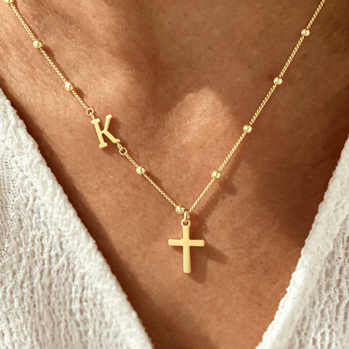 FREE Today: Beaded Chain Custom A-Z Initial Letter Side Charm Cross Pendant Necklace: Timeless Emblem of Gentle Heavenly Guardianship - Golden - K - image 0