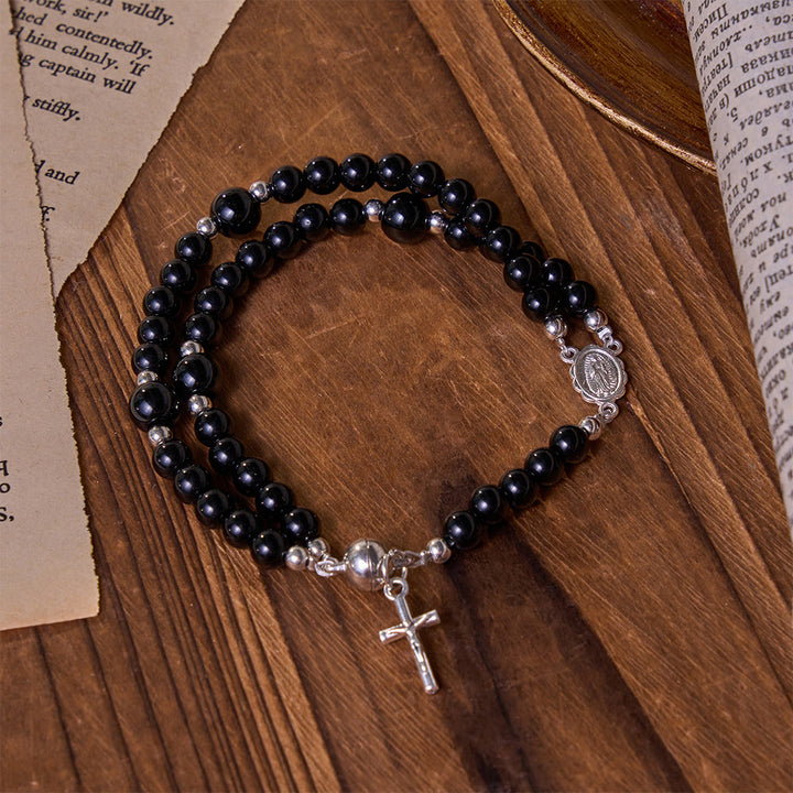 Christianartworkshop Versatile Layerable Bead Rosary Bracelet: Emblem of Warm Celestial Blessing - Black - image 3