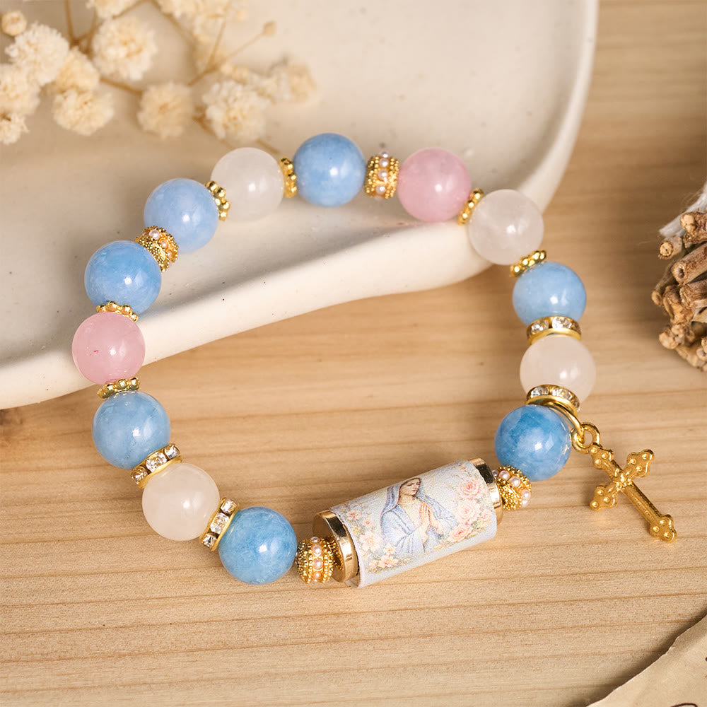 Christianartworkshop Vintage Printed Cylinder Bead Bracelet With Cross Charm: Emblem of Gentle Heavenly Mercy - Our Lady - image 0
