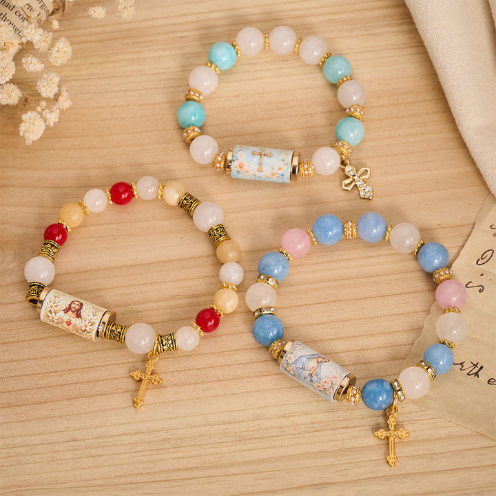 FREE Today: Vintage Printed Cylinder Bead Bracelet With Cross Charm: Emblem of Gentle Heavenly Mercy - image 1