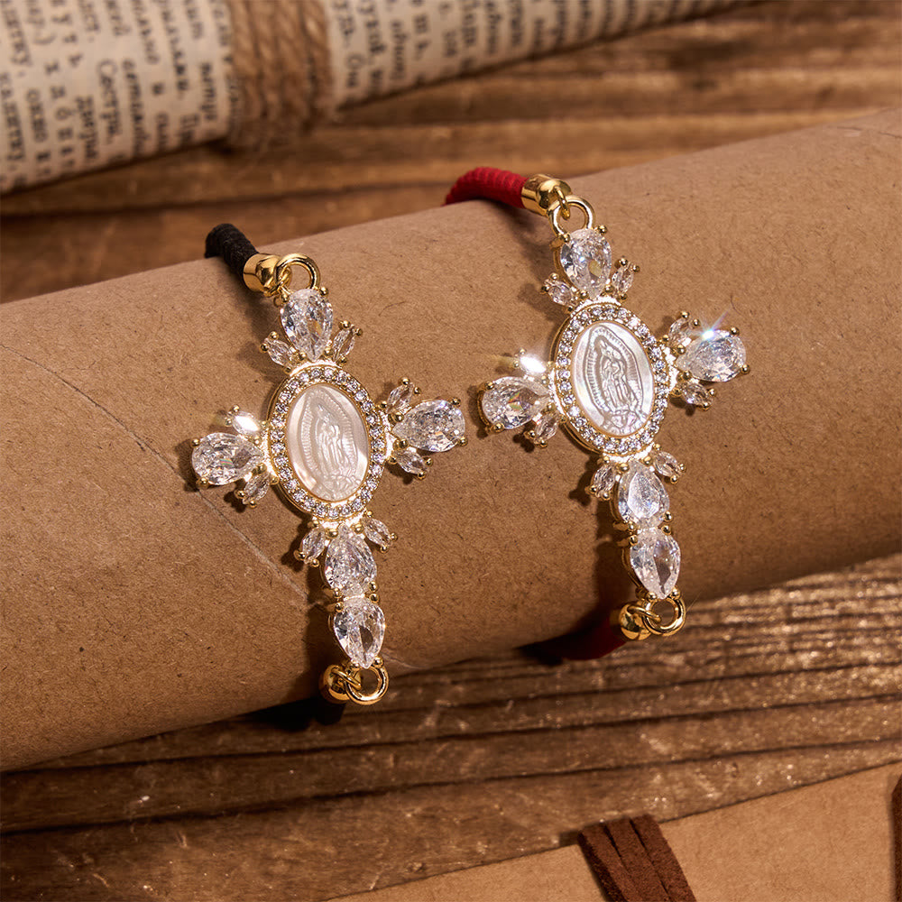 Christianartworkshop Braided Cord Bracelet With Virgin Mary Portrait Jeweled Cross: Emblem of Motherly Heavenly Mercy - image 1