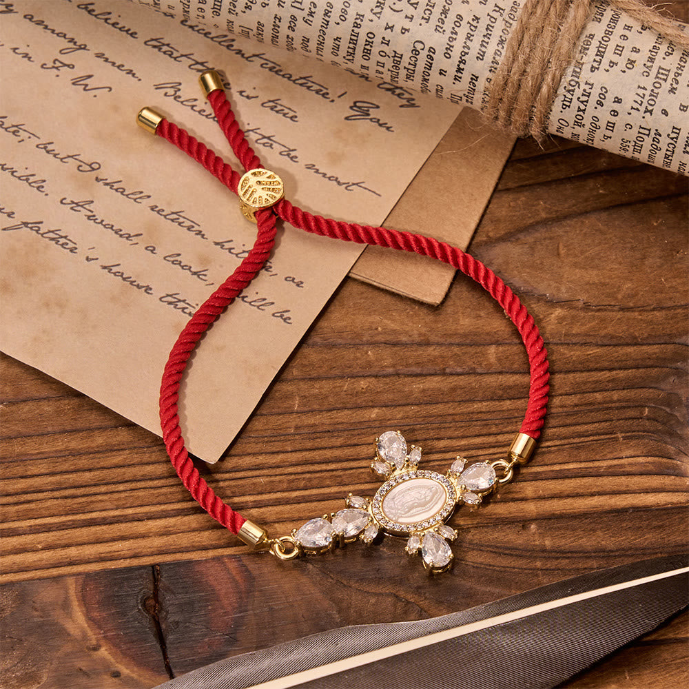 FREE Today: Braided Cord Bracelet With Virgin Mary Portrait Jeweled Cross: Emblem of Motherly Heavenly Mercy - Red - image 4