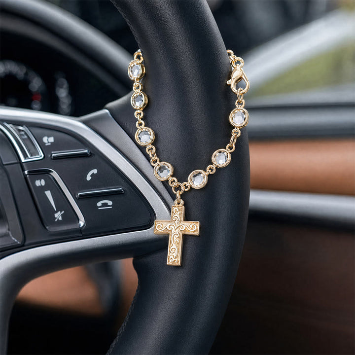 Christianartworkshop Rhinestone Bead Cross Bracelet & Car Hanging Ornament: Emblem of Steadfast Heavenly Safeguard - Golden - image 8