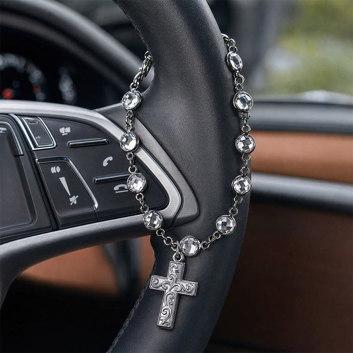FREE Today:  Rhinestone Bead Cross Bracelet & Car Hanging Ornament: Emblem of Steadfast Heavenly Safeguard - Silver  - image 0