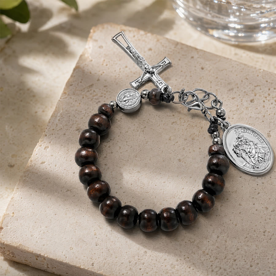 FREE Today: Natural Wood Bead St. Christopher Rosary Bracelet: Emblem of Safe Voyage Heavenly Protection - Dark Ebony Brown - image 19