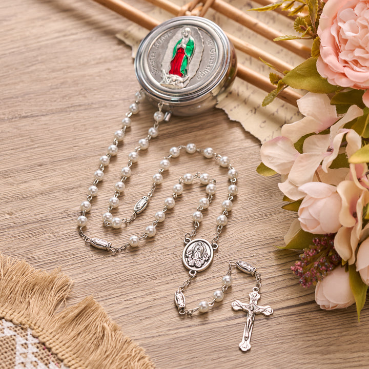 Christianartworkshop Pearl Bead Guadalupe Rosary with Engraved Storage Case: Token of Tender Heavenly Comfort - Silver Box - White - image 15