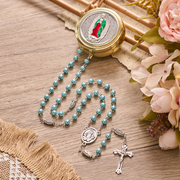 Christianartworkshop Pearl Bead Guadalupe Rosary with Engraved Storage Case: Token of Tender Heavenly Comfort - Golden Box - Light Blue - image 0