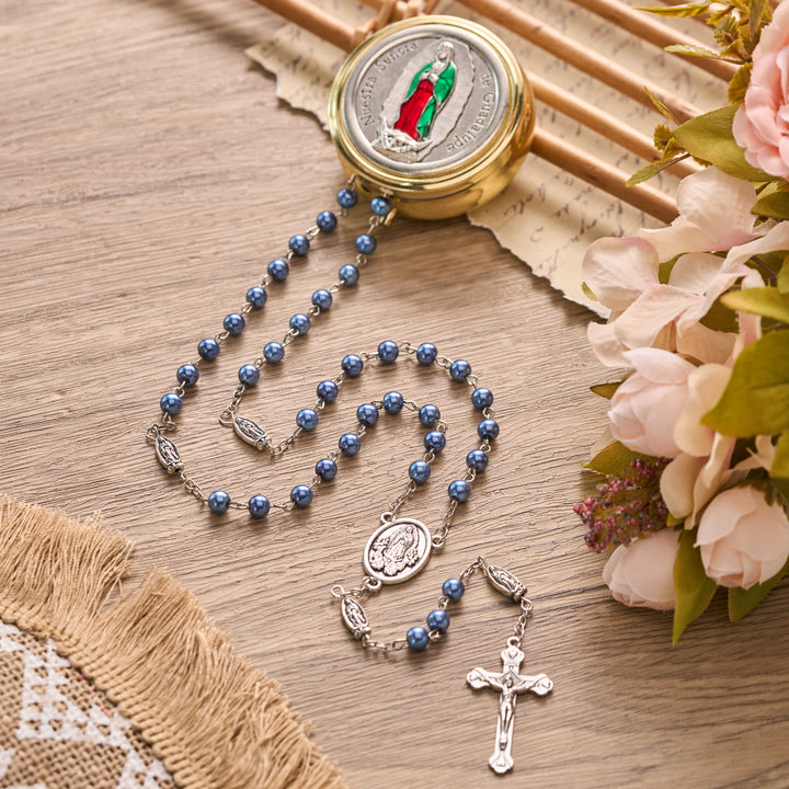Christianartworkshop Pearl Bead Guadalupe Rosary with Engraved Storage Case: Token of Tender Heavenly Comfort - Golden Box - Dark Blue - image 24