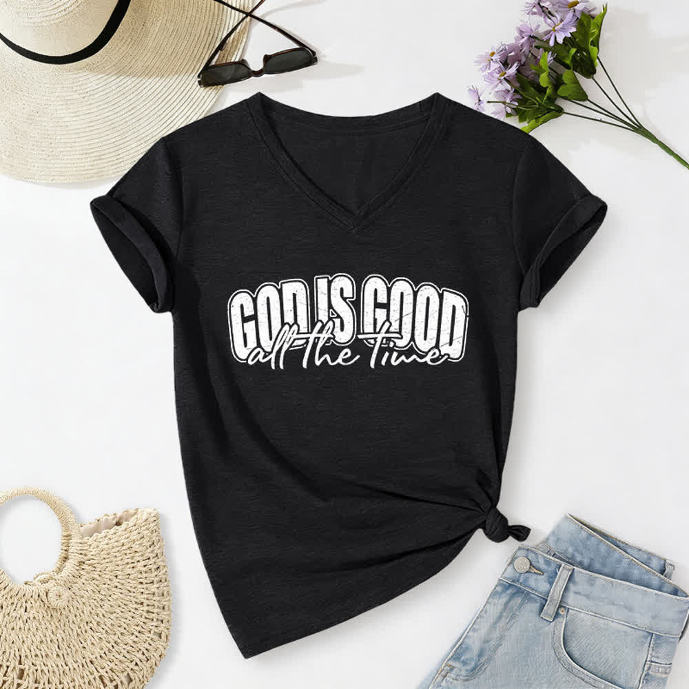 Christianartworkshop God Is Good All The Time Vintage Letter Print Casual V-neck T-shirt - Black - 2XL - image 0