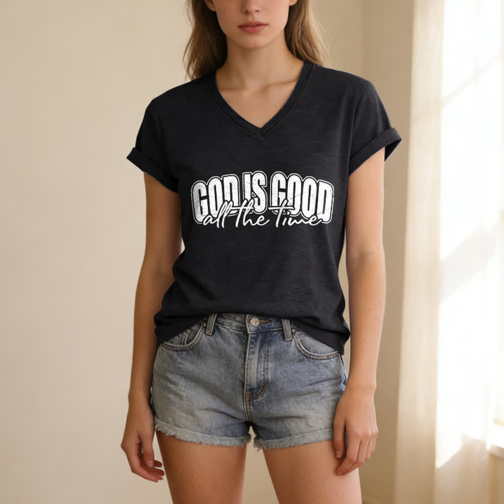 Christianartworkshop God Is Good All The Time Vintage Letter Print Casual V-neck T-shirt - image 1