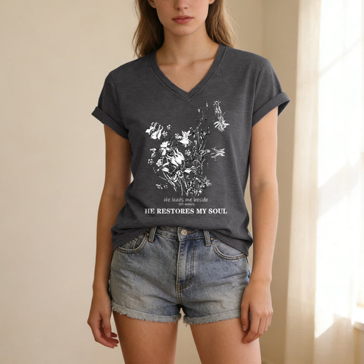 Christianartworkshop He Restores My Soul Floral Beige V Neck Tee - image 5