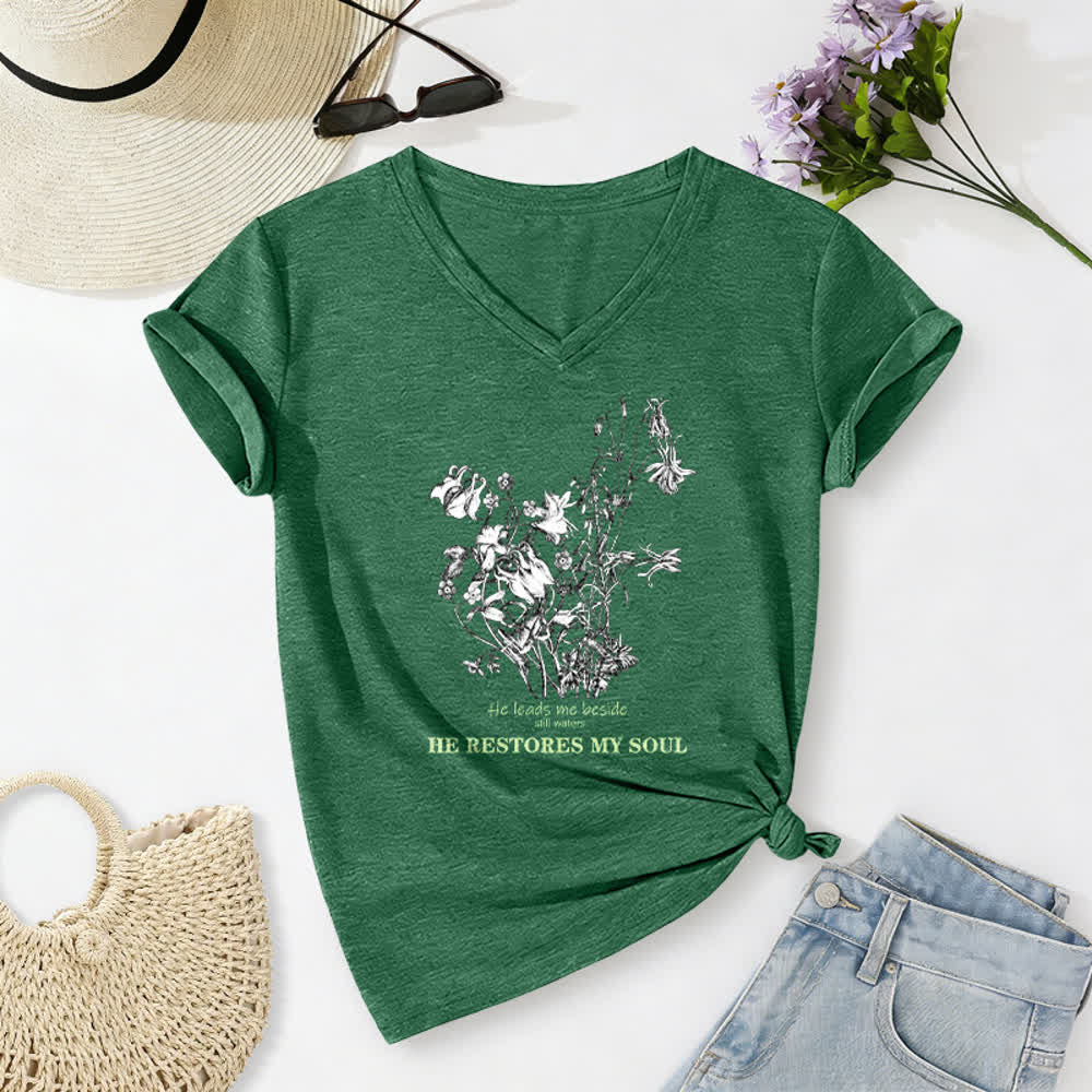 Christianartworkshop He Restores My Soul Floral Beige V Neck Tee - image 10