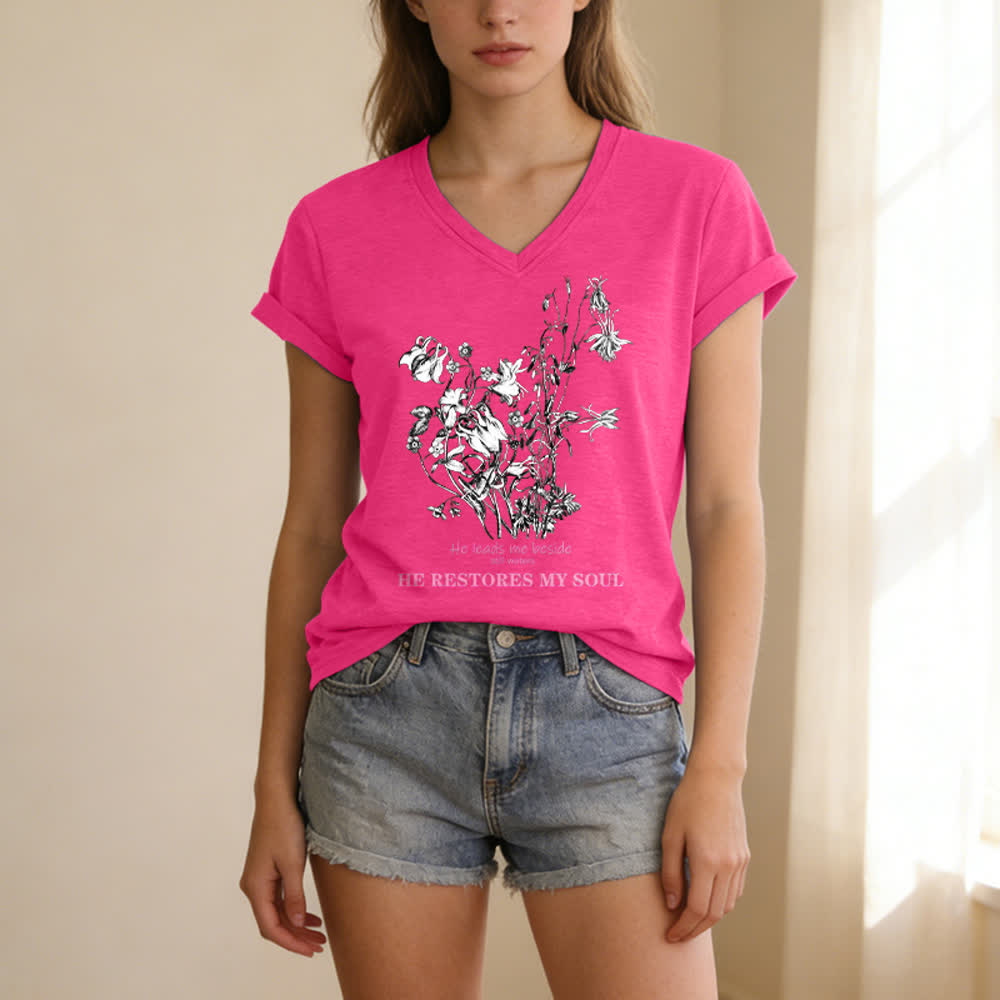 Christianartworkshop He Restores My Soul Floral Beige V Neck Tee - image 23