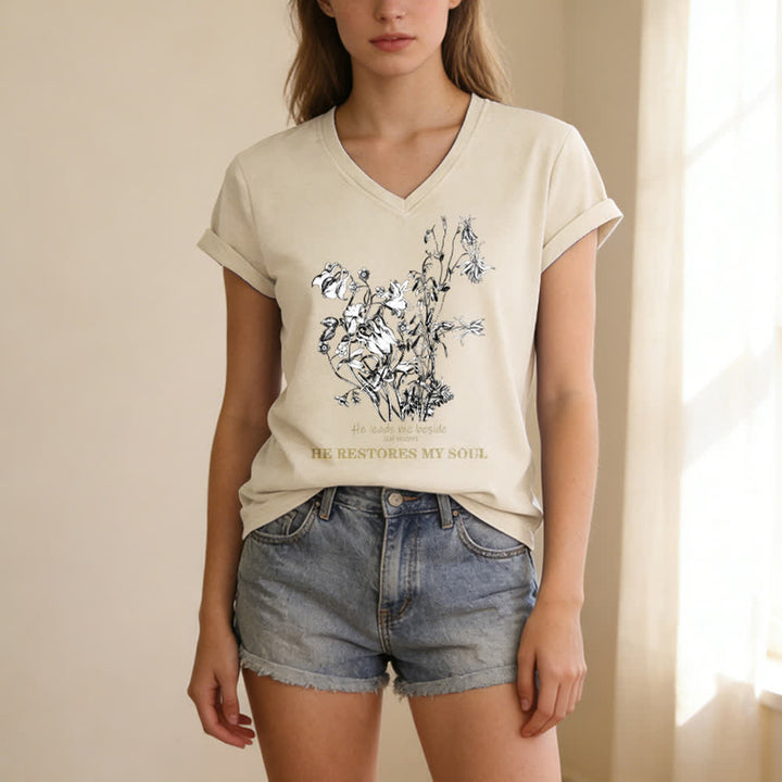 Christianartworkshop He Restores My Soul Floral Beige V Neck Tee - image 1