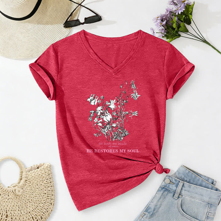 Christianartworkshop He Restores My Soul Floral Beige V Neck Tee - Red - 2XL - image 14
