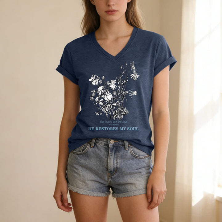 Christianartworkshop He Restores My Soul Floral Beige V Neck Tee - image 9
