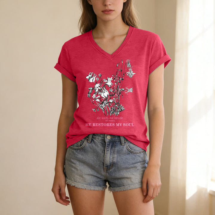 Christianartworkshop He Restores My Soul Floral Beige V Neck Tee - Pink - 2XL - image 15