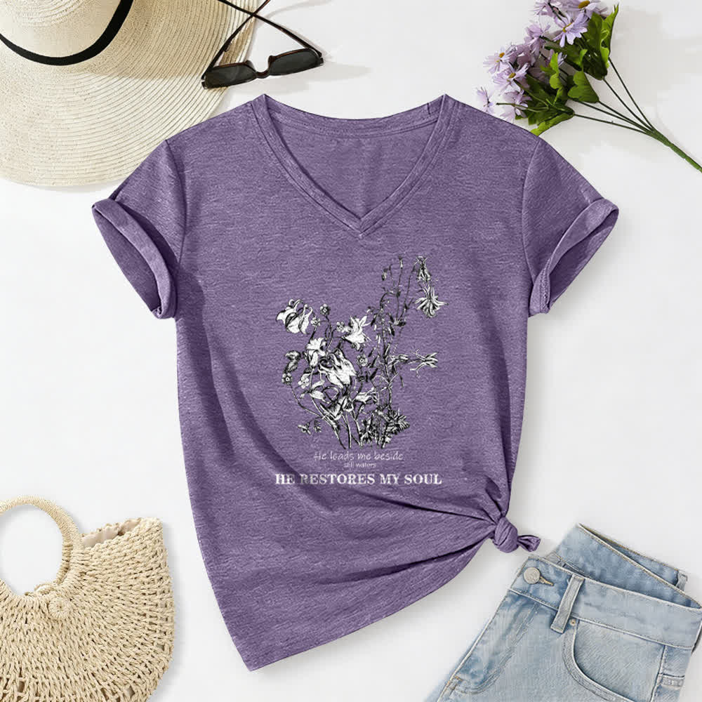 Christianartworkshop He Restores My Soul Floral Beige V Neck Tee - Purple - 2XL - image 16