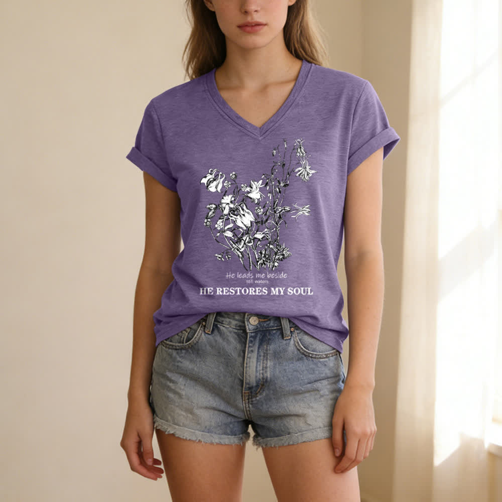 Christianartworkshop He Restores My Soul Floral Beige V Neck Tee - image 17