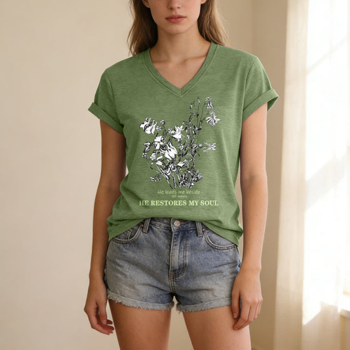 Christianartworkshop He Restores My Soul Floral Beige V Neck Tee - image 7
