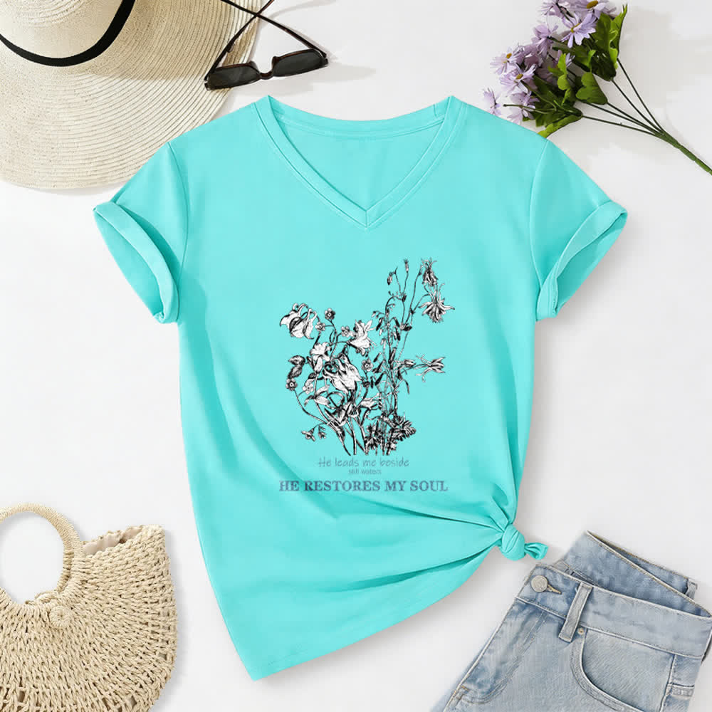 Christianartworkshop He Restores My Soul Floral Beige V Neck Tee - Blue - 2XL - image 20