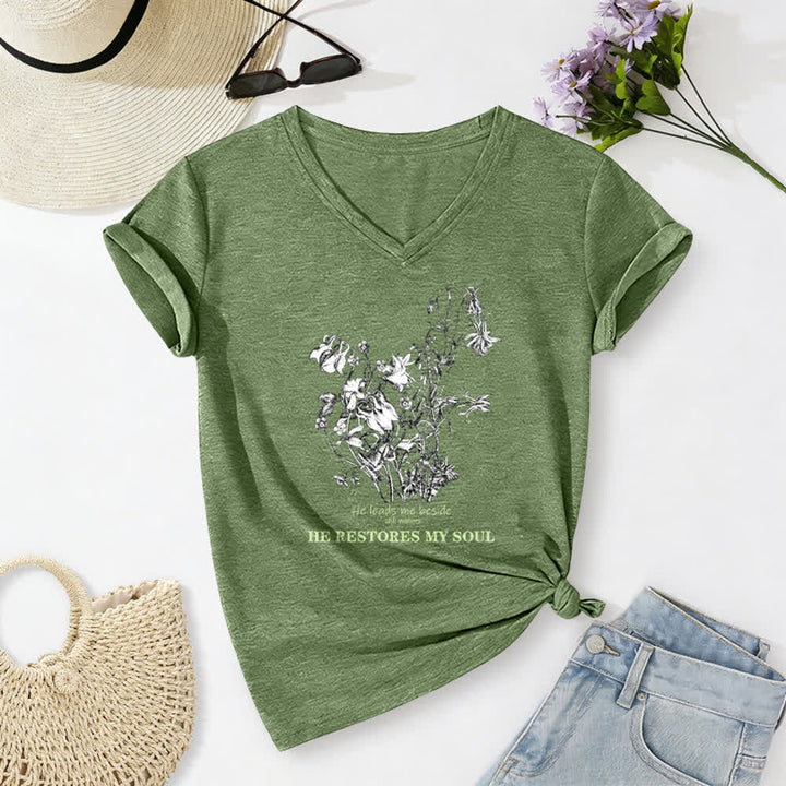 Christianartworkshop He Restores My Soul Floral Beige V Neck Tee - Green - 2XL - image 6