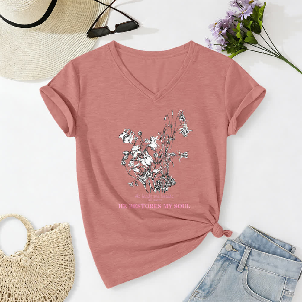 Christianartworkshop He Restores My Soul Floral Beige V Neck Tee - image 18