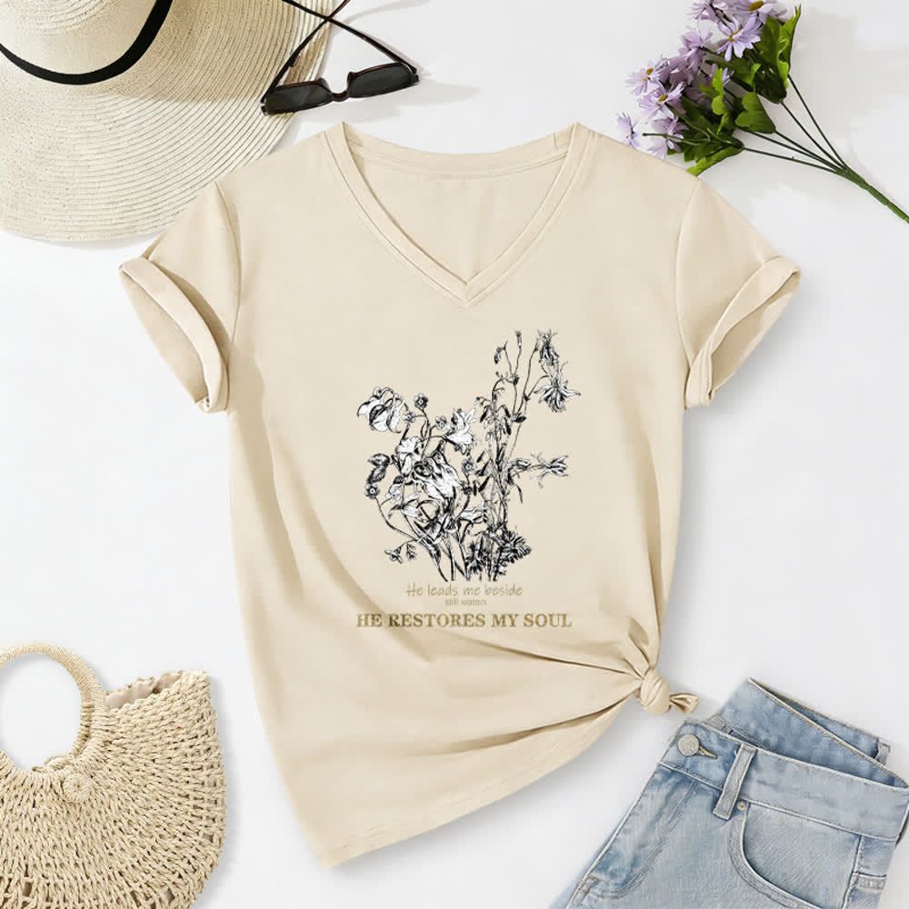 Christianartworkshop He Restores My Soul Floral Beige V Neck Tee - Beige - 2XL - image 0