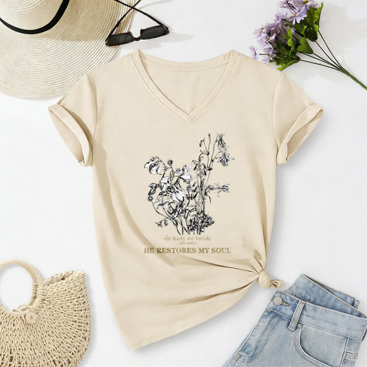 Christianartworkshop He Restores My Soul Floral Beige V Neck Tee - Beige - 2XL - image 0