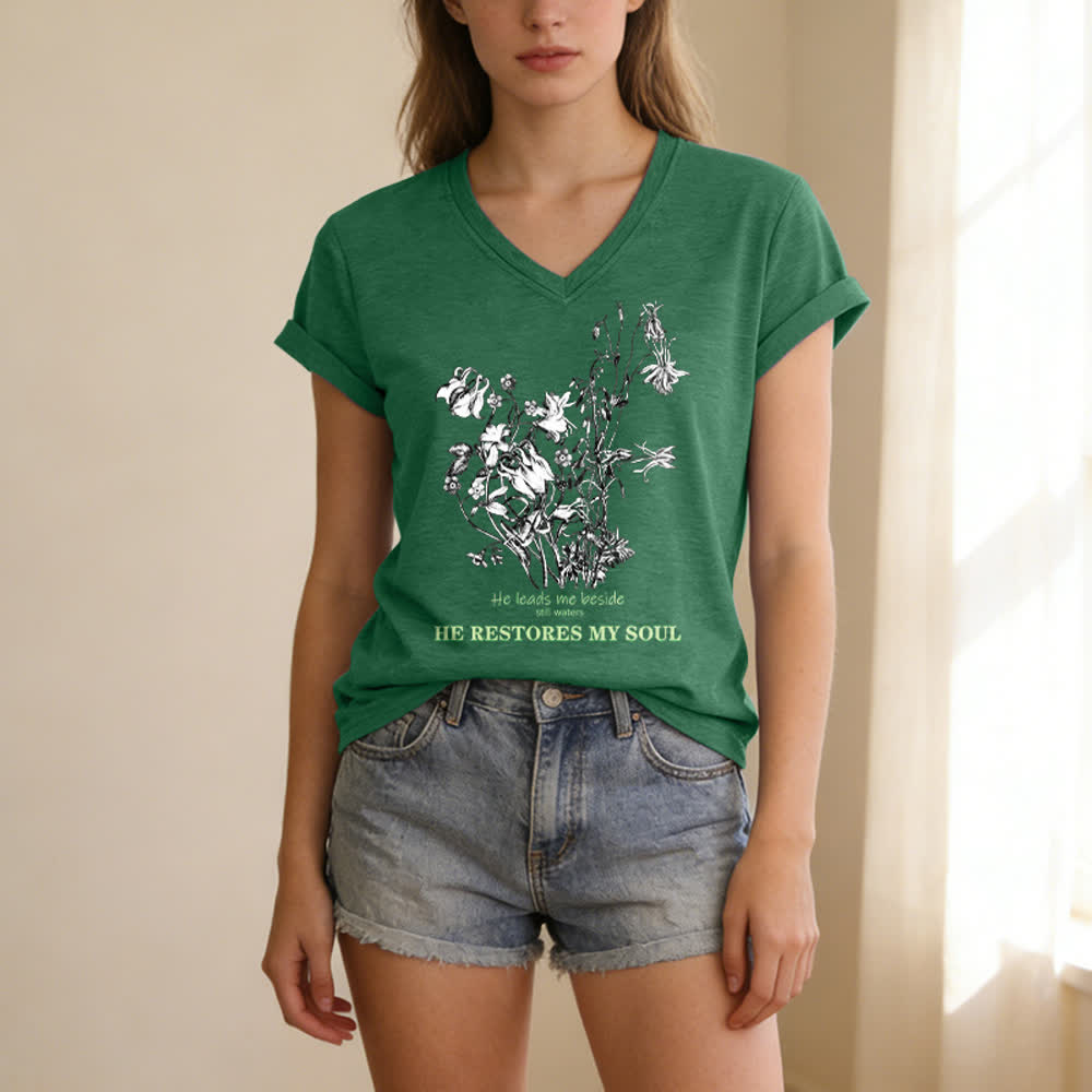 Christianartworkshop He Restores My Soul Floral Beige V Neck Tee - image 11