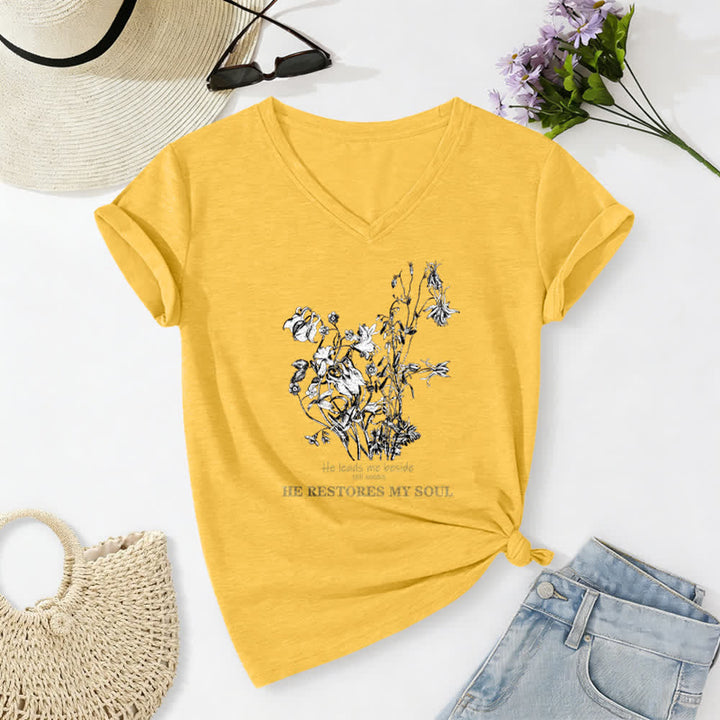 Christianartworkshop He Restores My Soul Floral Beige V Neck Tee - Yellow - 2XL - image 24