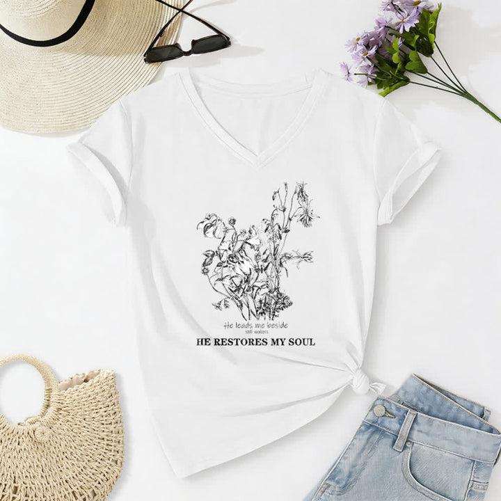 Christianartworkshop He Restores My Soul Floral Beige V Neck Tee - White - 2XL - image 2