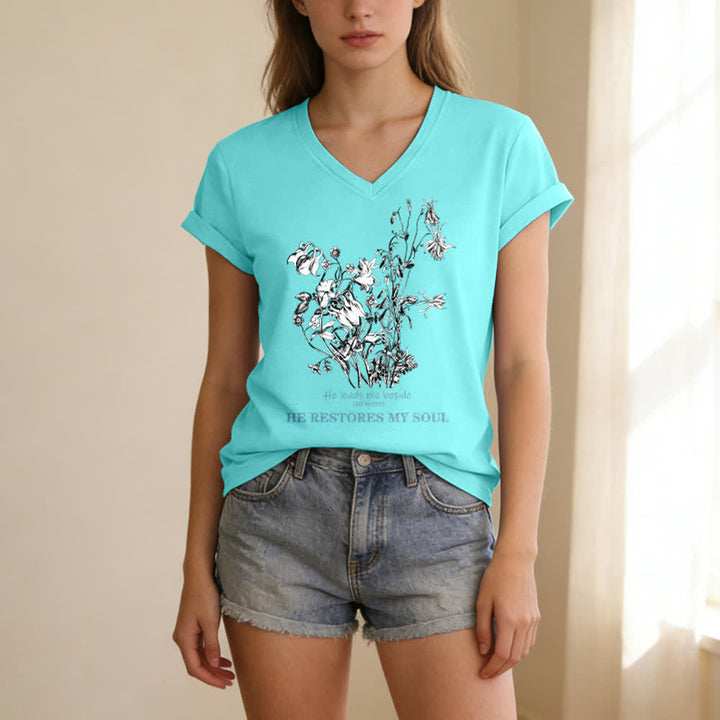 Christianartworkshop He Restores My Soul Floral Beige V Neck Tee - image 21