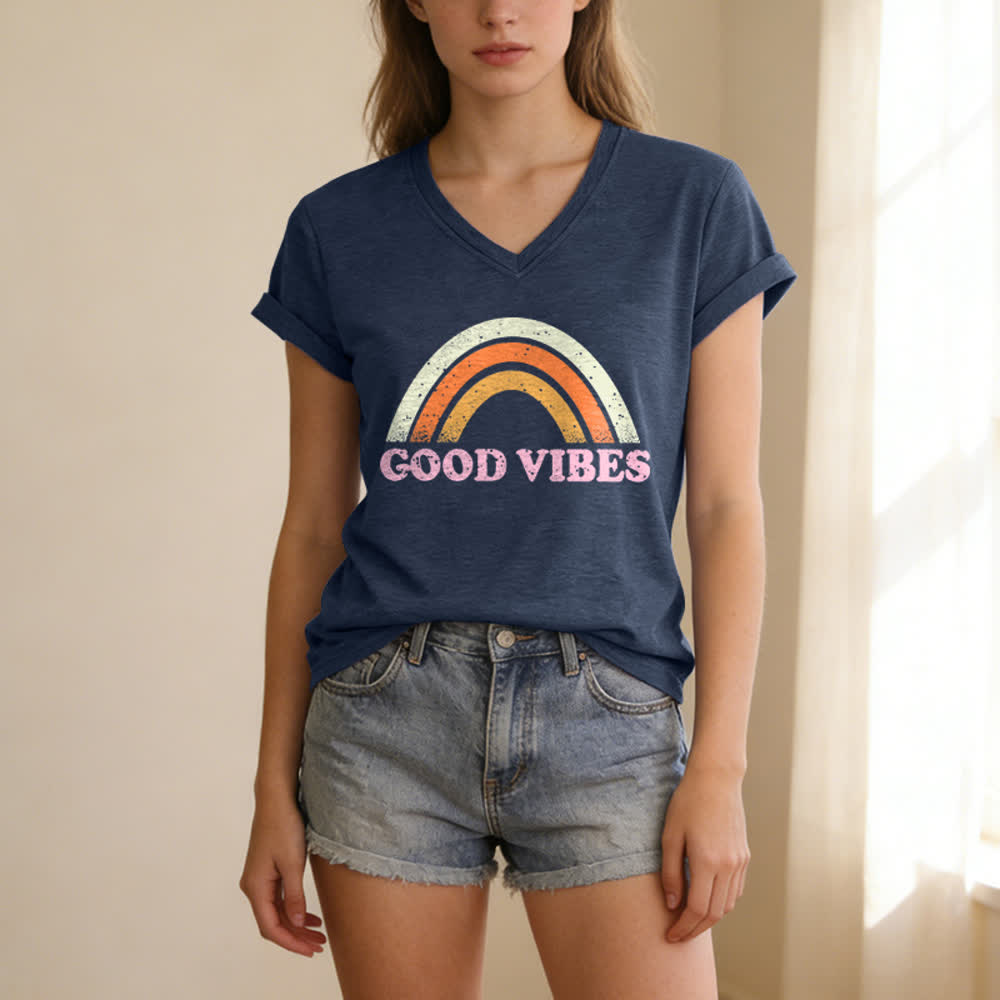 Christianartworkshop Good Vibes Retro Rainbow Heather Womens V Neck Tee - image 11