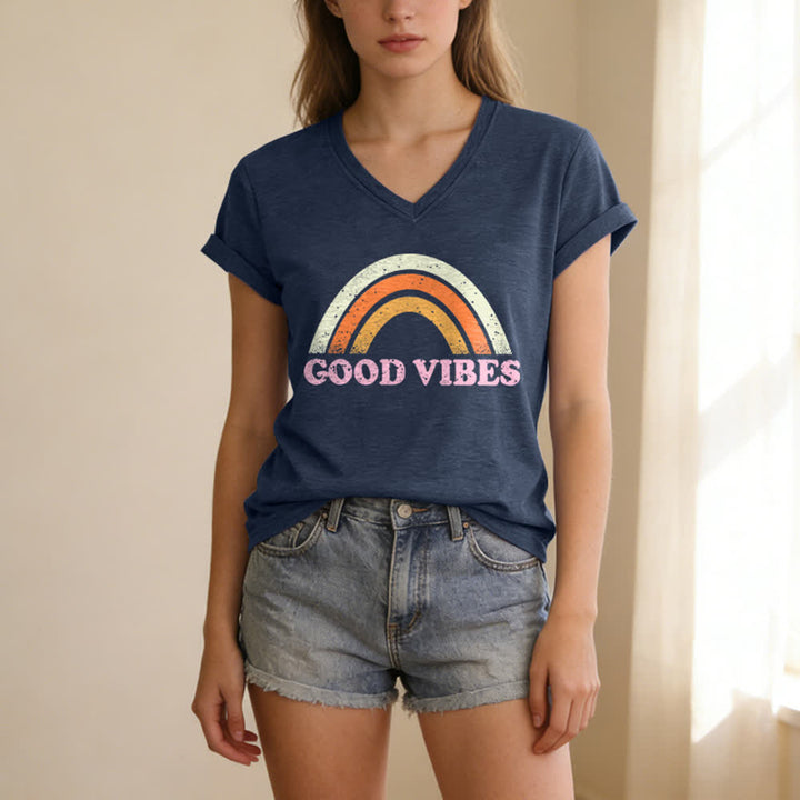 Christianartworkshop Good Vibes Retro Rainbow Heather Womens V Neck Tee - image 11