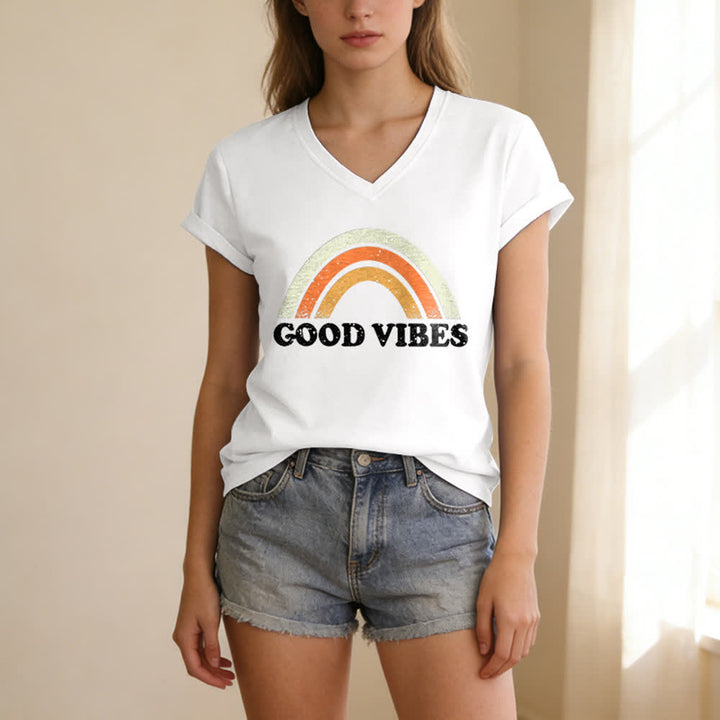 Christianartworkshop Good Vibes Retro Rainbow Heather Womens V Neck Tee - image 5
