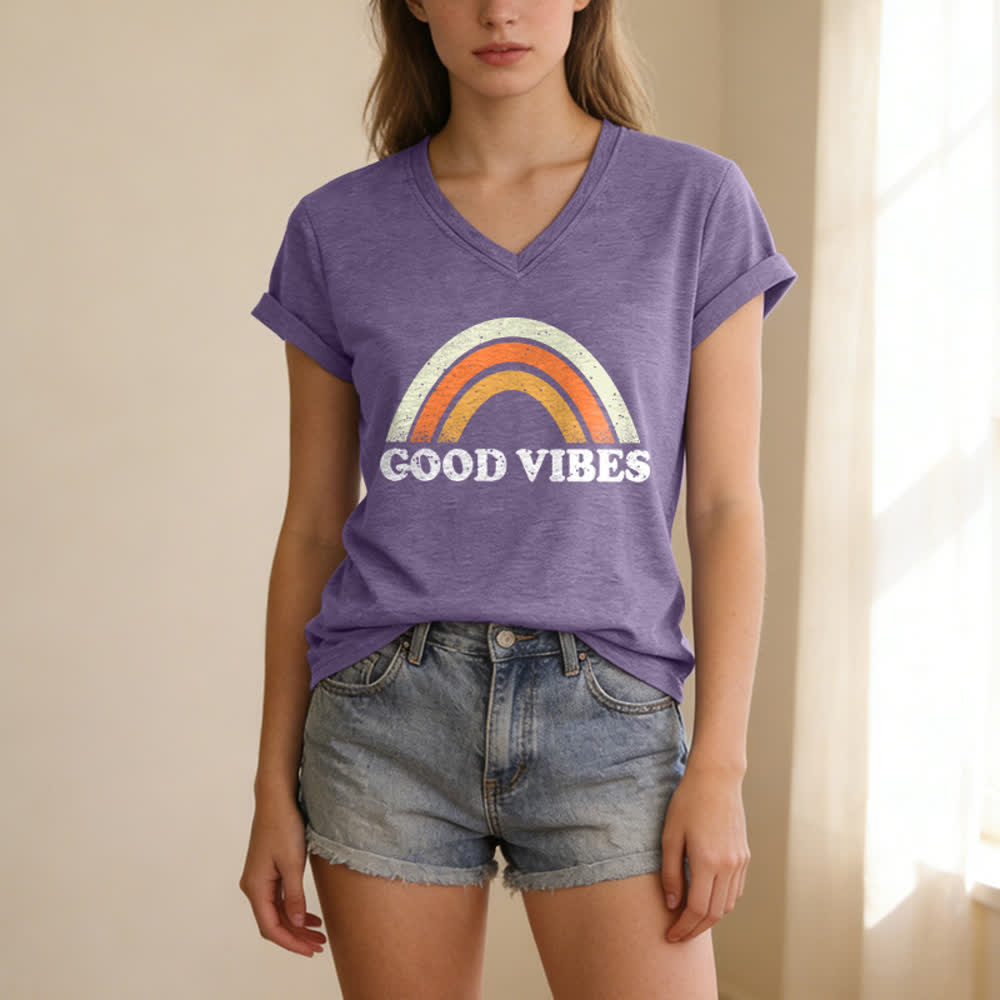 Christianartworkshop Good Vibes Retro Rainbow Heather Womens V Neck Tee - image 1
