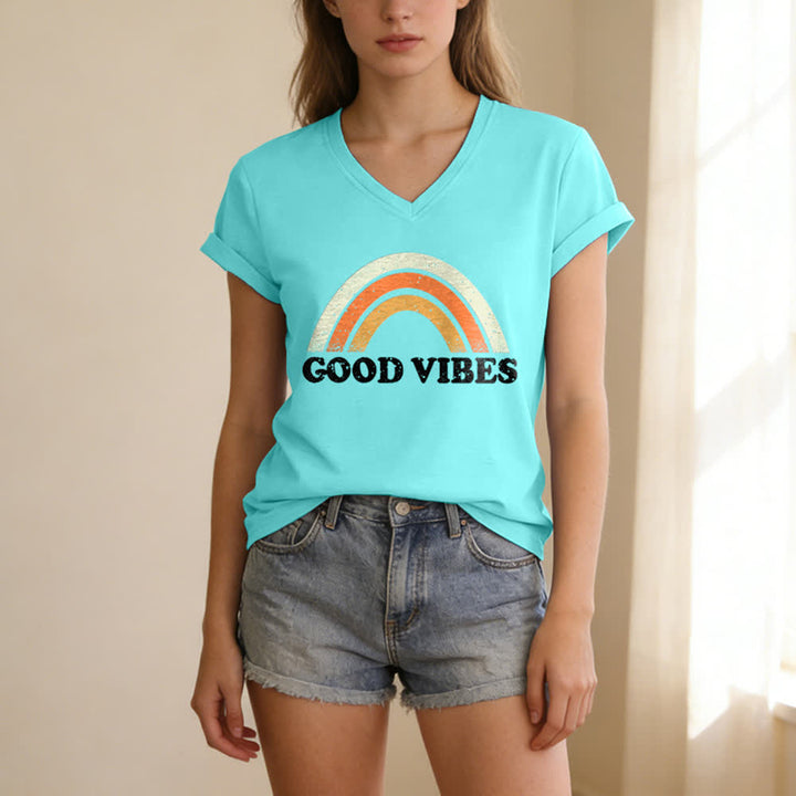 Christianartworkshop Good Vibes Retro Rainbow Heather Womens V Neck Tee - image 20