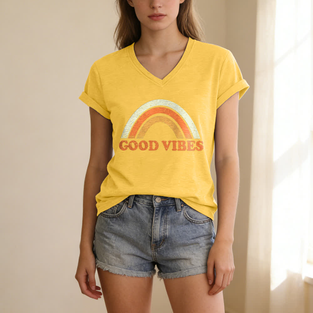 Christianartworkshop Good Vibes Retro Rainbow Heather Womens V Neck Tee - image 23