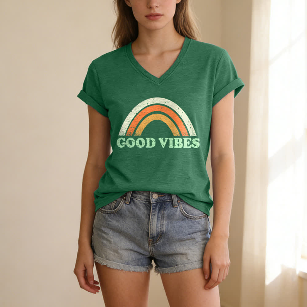 Christianartworkshop Good Vibes Retro Rainbow Heather Womens V Neck Tee - image 13