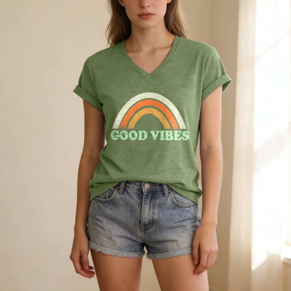 Christianartworkshop Good Vibes Retro Rainbow Heather Womens V Neck Tee - Green - 2XL - image 8