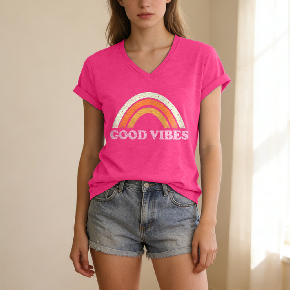 Christianartworkshop Good Vibes Retro Rainbow Heather Womens V Neck Tee - image 25