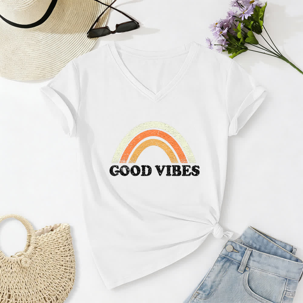Christianartworkshop Good Vibes Retro Rainbow Heather Womens V Neck Tee - White - 2XL - image 4