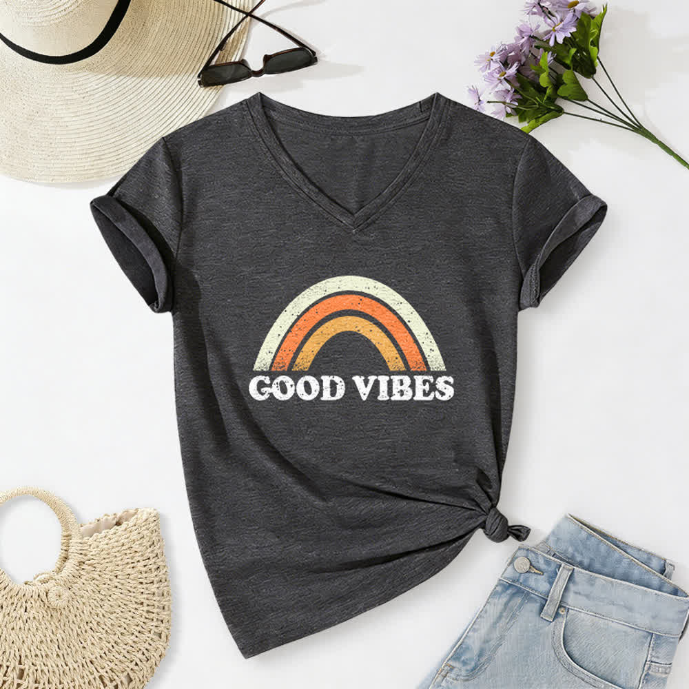Christianartworkshop Good Vibes Retro Rainbow Heather Womens V Neck Tee - Gray - 2XL - image 6