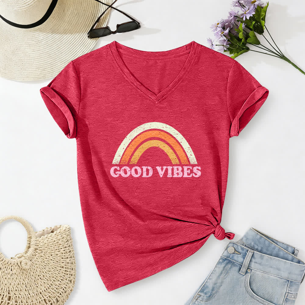 Christianartworkshop Good Vibes Retro Rainbow Heather Womens V Neck Tee - Red - 2XL - image 16