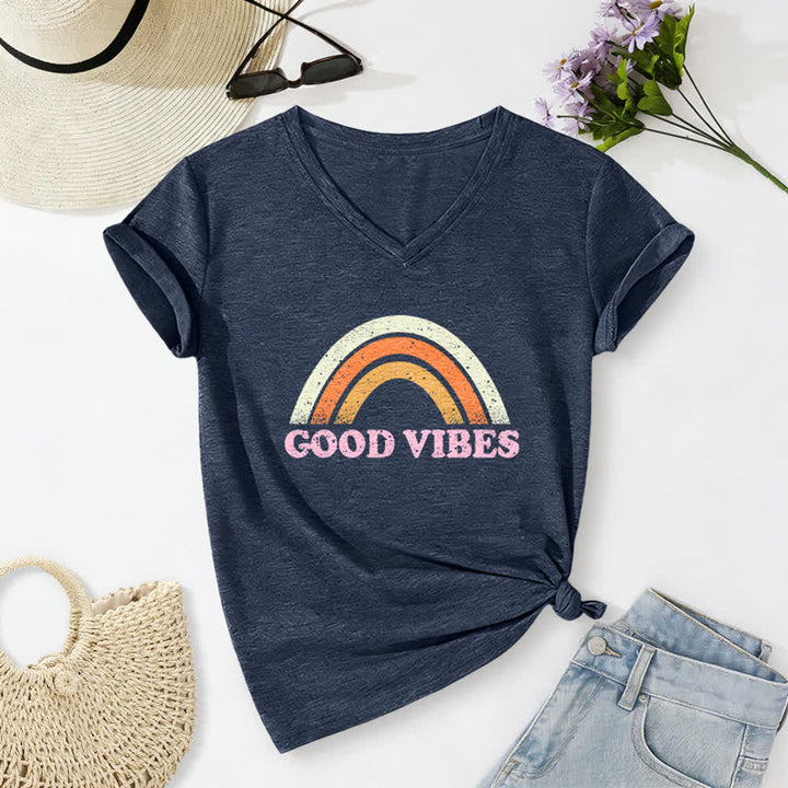 Christianartworkshop Good Vibes Retro Rainbow Heather Womens V Neck Tee - Navy - 2XL - image 10